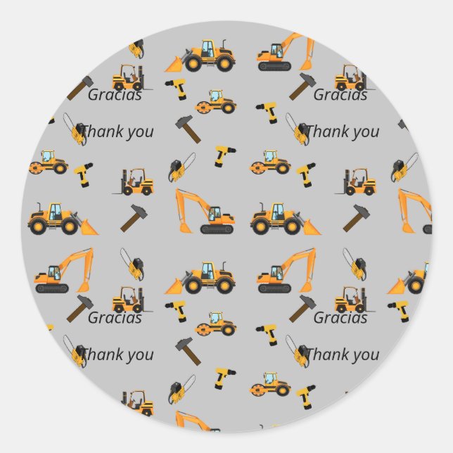 Grey Construction themed birthday party Bilingual Classic Round Sticker (Front)