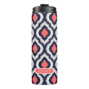 Grey Coral and Navy Ikat Moroccan Monogram Thermal Tumbler
