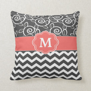 Grey Coral Chevron Monogram Throw Pillow