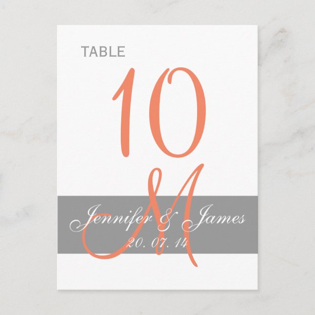 Grey Coral Monogram Wedding Table Card (Front)