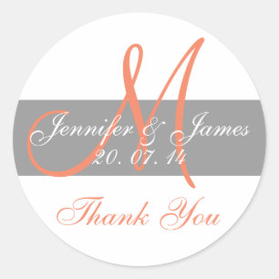 Grey Coral Monogram Wedding Thank You Stickers