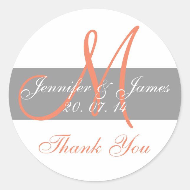 Grey Coral Monogram Wedding Thank You Stickers (Front)
