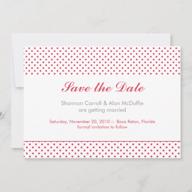grey & coral polka dot save the date (Front)