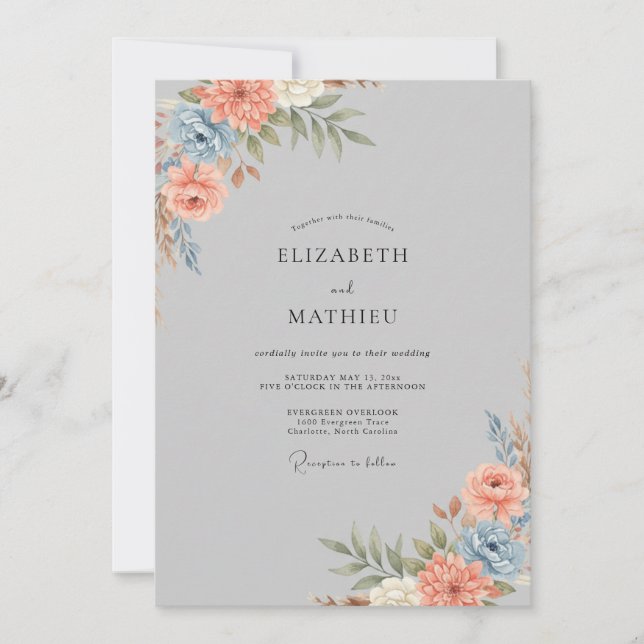 Grey Coral Ranunculus Eucalyptus Wedding Invitation (Front)