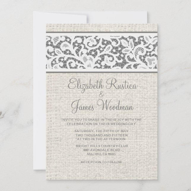 Grey Country Burlap & Linen Wedding Invitations (Front)