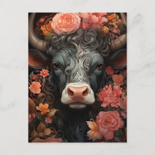 Grey Cow with Curly Hair in the Flowers Postcard