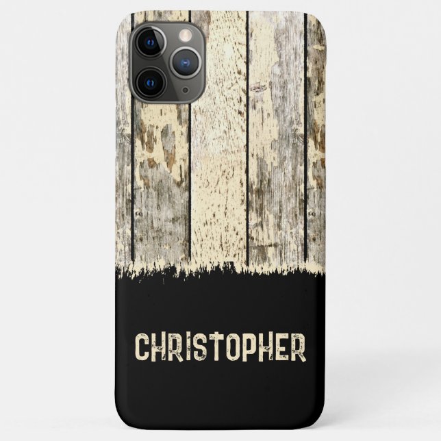Grey cream and black rustic faux wood add name Case-Mate iPhone case (Back)