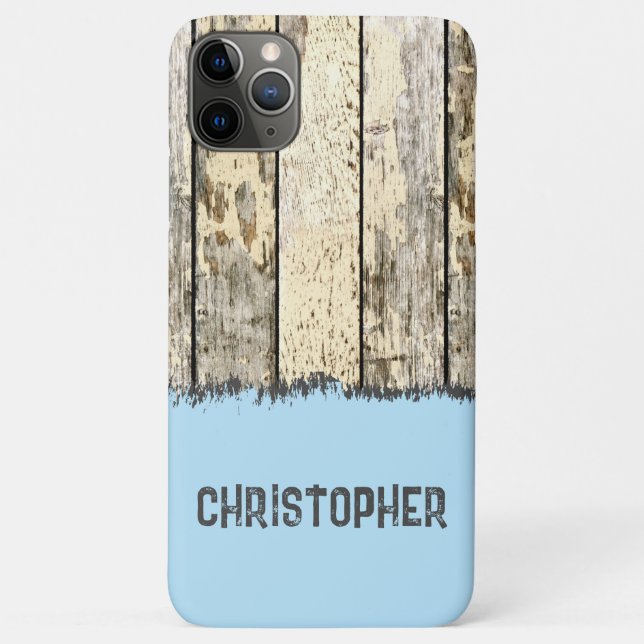 Grey cream and blue rustic faux wood add name Case-Mate iPhone case (Back)