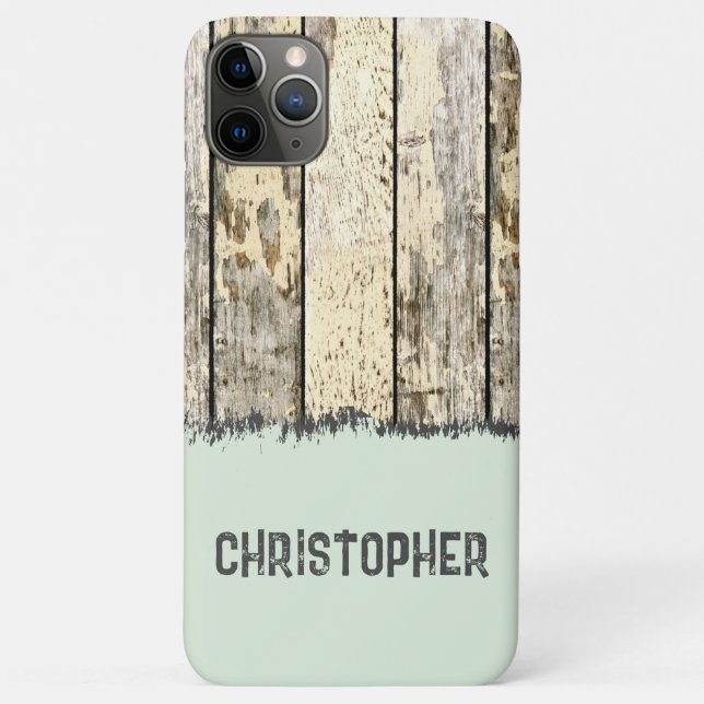 Grey cream and green rustic faux wood add name Case-Mate iPhone case (Back)