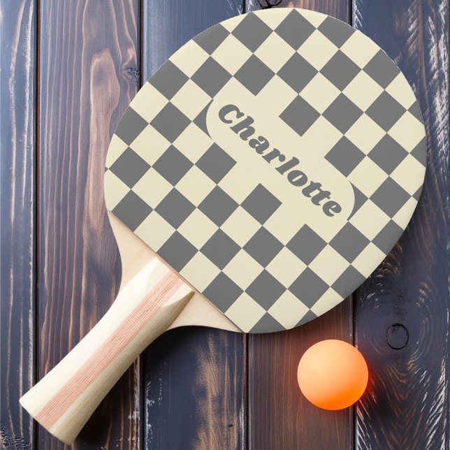 Grey & Cream Chequered with Name Ping Pong Paddle (Creator Uploaded)