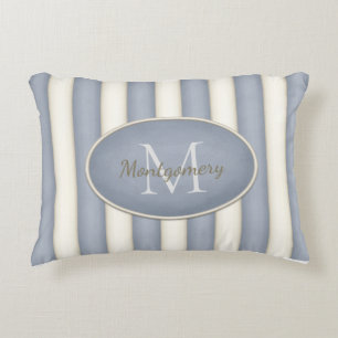 Grey & Cream Stripes Oval Framed Monogram Accent Pillow