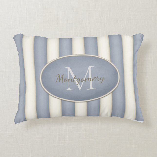 Grey & Cream Stripes Oval Framed Monogram Accent Pillow (Front)