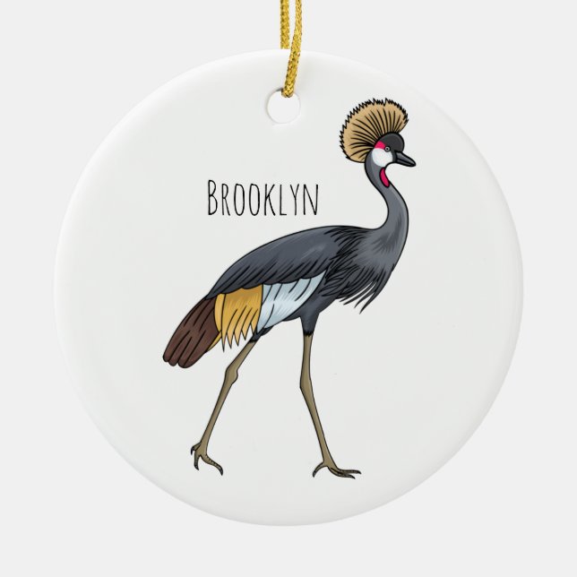 Grey crowned crane bird cartoon illustration  ceramic ornament (Front)