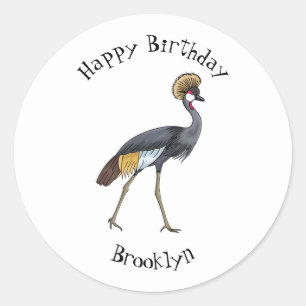 Grey crowned crane bird cartoon illustration classic round sticker