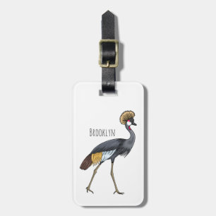 Grey crowned crane bird cartoon illustration  luggage tag