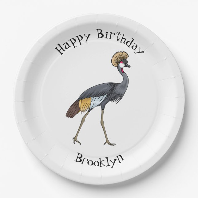 Grey crowned crane bird cartoon illustration  paper plate (Front)
