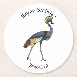 Grey crowned crane bird cartoon illustration  round paper coaster