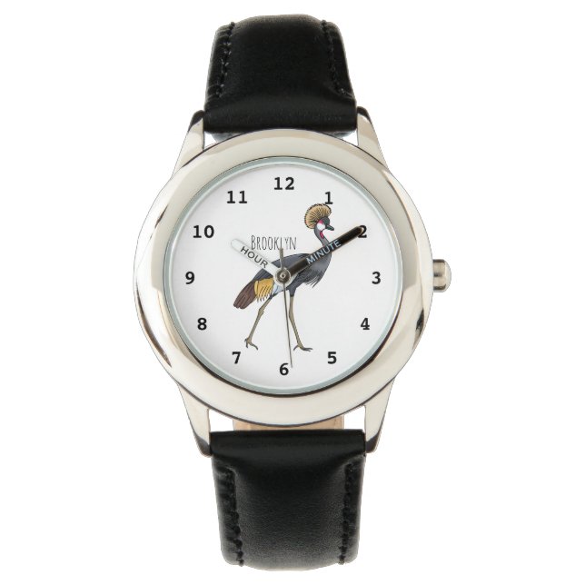 Grey crowned crane bird cartoon illustration  watch (Front)
