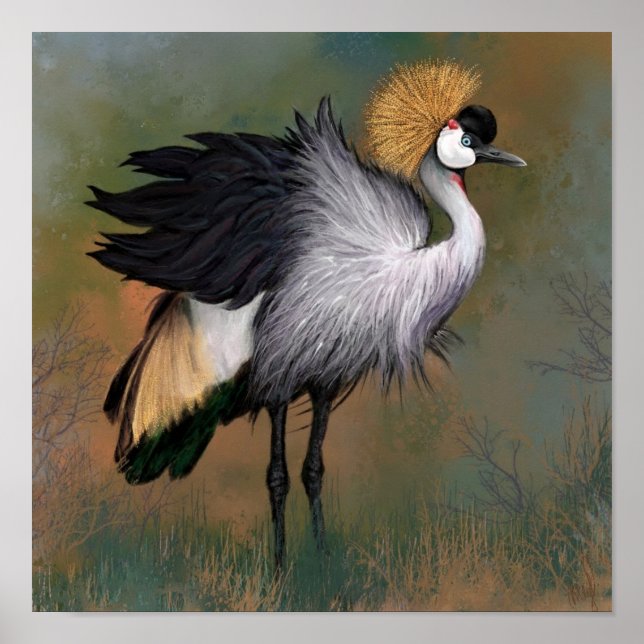 Grey Crowned Crane Bird Poster Painting (Front)