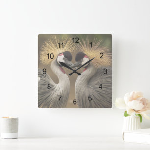 Grey Crowned Crane Love Square Wall Clock