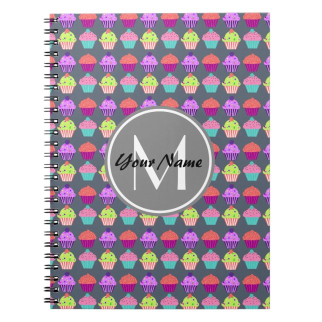 Grey Cupcakes, Personalized Name Monogram Notebook (Front)