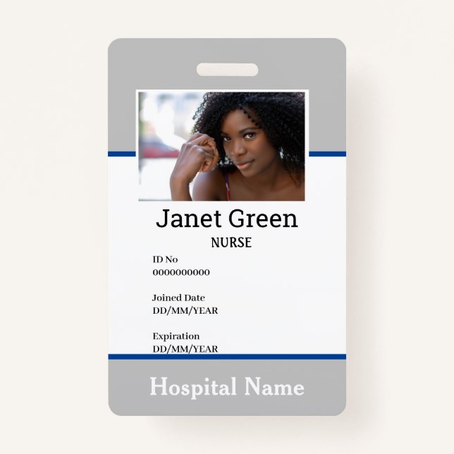 Grey Custom Employee Nurse Doctor ID Photo Badge (Front)