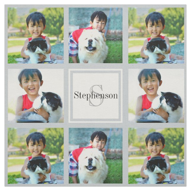 Grey Custom Personalized Photo Collage Monogram Fabric (Swatch)