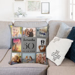 Grey custom photo collage birthday throw pillow<br><div class="desc">A unique gift for a 50th (or any age) birthday,  celebrating her life with a collage of 8 of your own photos,  pictures.  Personalize and add her name,  age and date. Grey background colour.   The name is written with a modern hand lettered style script.</div>