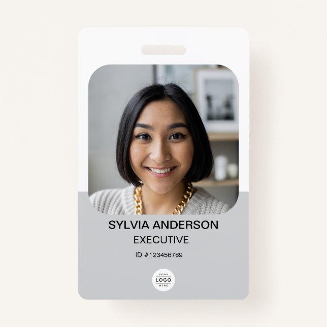 Grey Custom Photo Employee ID Logo QR Code Badge (Front)