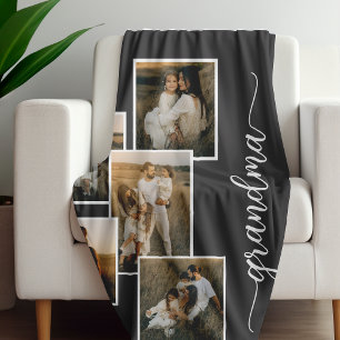 Grey Customized Grandma Grandkid 5 Photo Collage Fleece Blanket