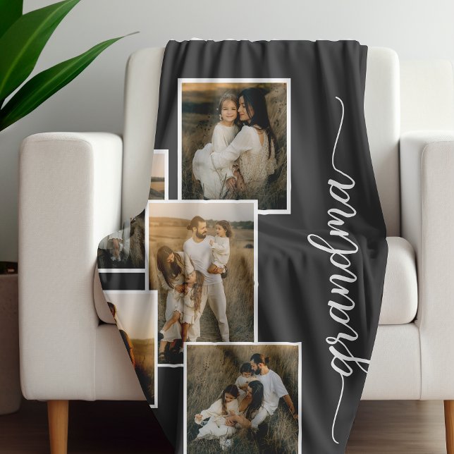 Grey Customized Grandma Grandkid 5 Photo Collage  Fleece Blanket (Creator Uploaded)