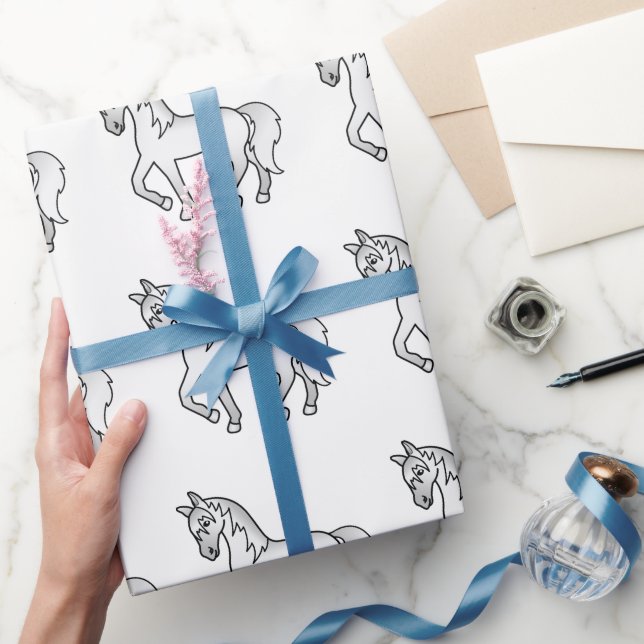 Grey Cute Cartoon Trotting Horse Pattern Wrapping Paper (Gifting)