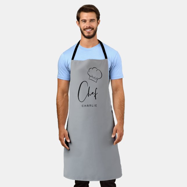 Grey cute hat and script personalized chef apron (Worn)