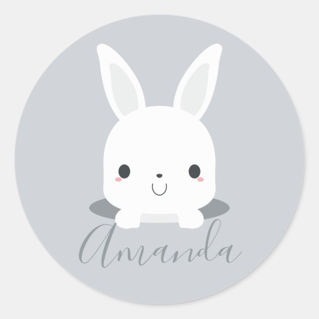Grey Cute Little Bunny Rabbit with Custom Name Classic Round Sticker (Front)
