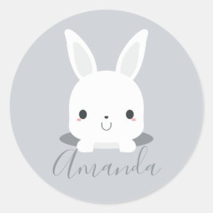 Grey Cute Little Bunny Rabbit with Custom Name Classic Round Sticker