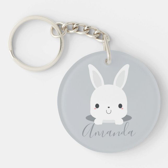 Grey Cute Little Bunny Rabbit with Custom Name Keychain (Front)