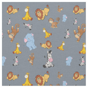 grey Cute safari animal pattern - Giraffe, elephan Fabric