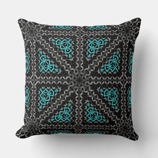 Grey cyan gradient relief in kaleidoscope triangle throw pillow (Front)