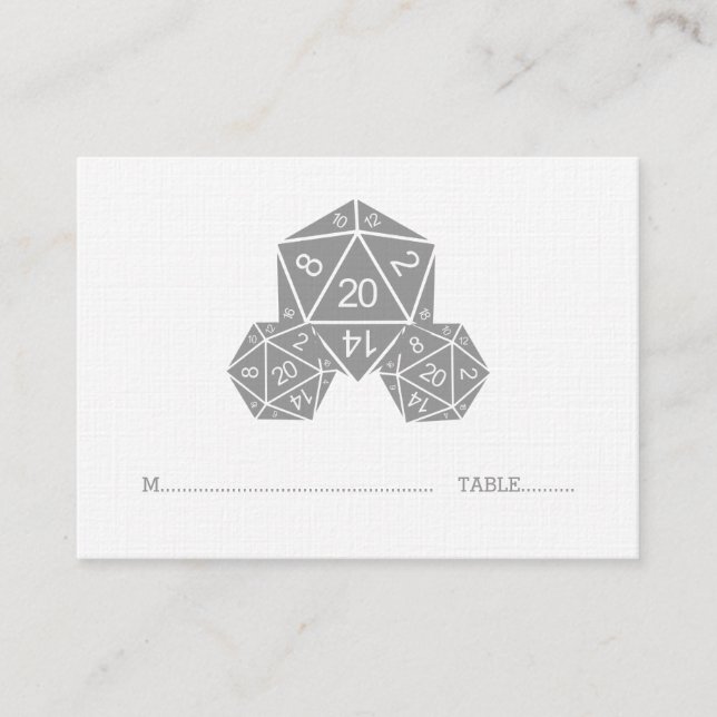Grey D20 Dice Wedding Place Card (Front)