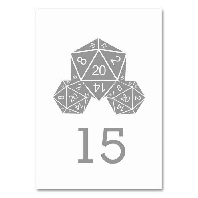 Grey D20 Dice Wedding Table Card (Front)