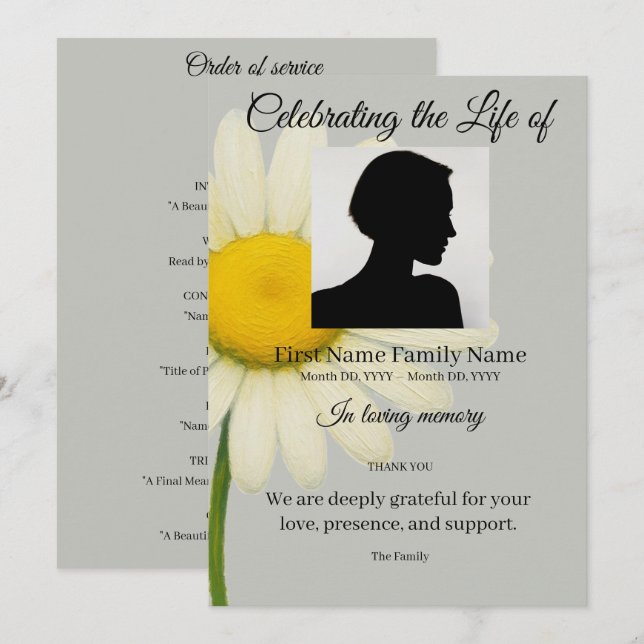 Grey daisy order of service invitation (Front/Back)