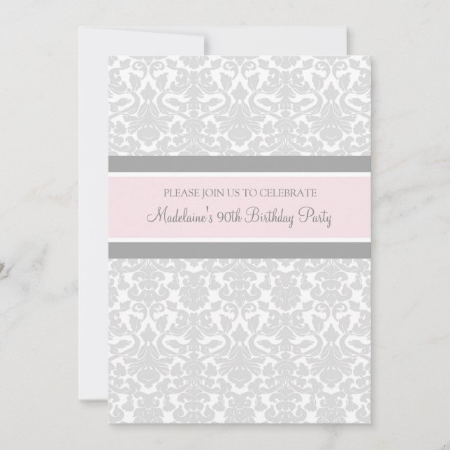 Grey Damask 90th Birthday Party Invitations (Front)