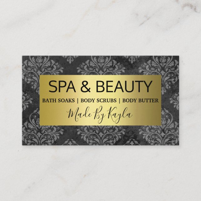 Grey Damask And Gold Handmade Spa And Beauty Business Card (Front)