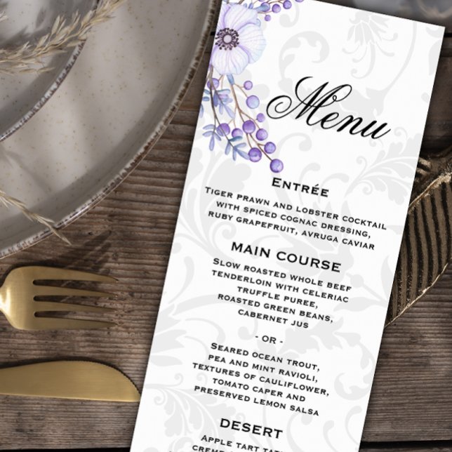Grey Damask and Purple Floral Wedding Menu (Creator Uploaded)
