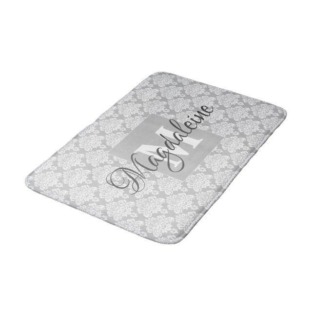Grey Damask Bath Mat with Monogram & Name (Angled)