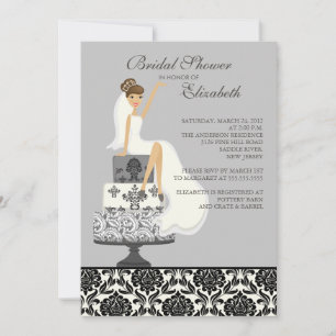 Grey Damask Brunette Bride Bridal Shower Invitation