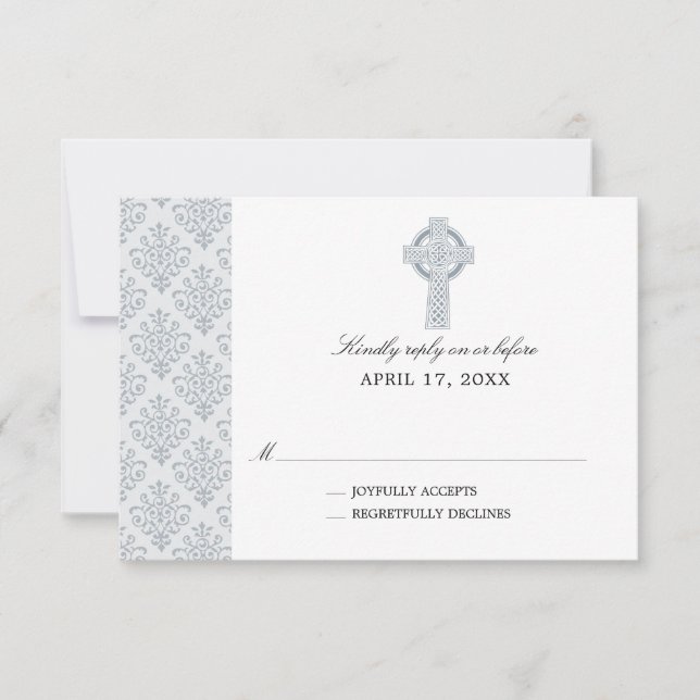 Grey Damask Celtic Cross First Communion RSVP Card (Front)