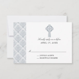 Grey Damask Celtic Cross First Communion RSVP Card