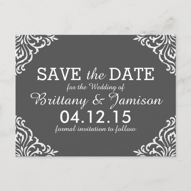 Grey Damask Elegant Enregistrer la date Carte post (Devant)