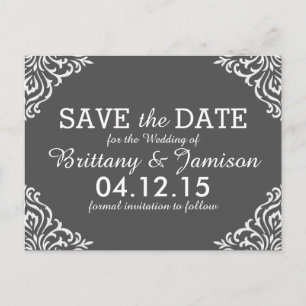 Grey Damask Elegant Save the Date Postcard
